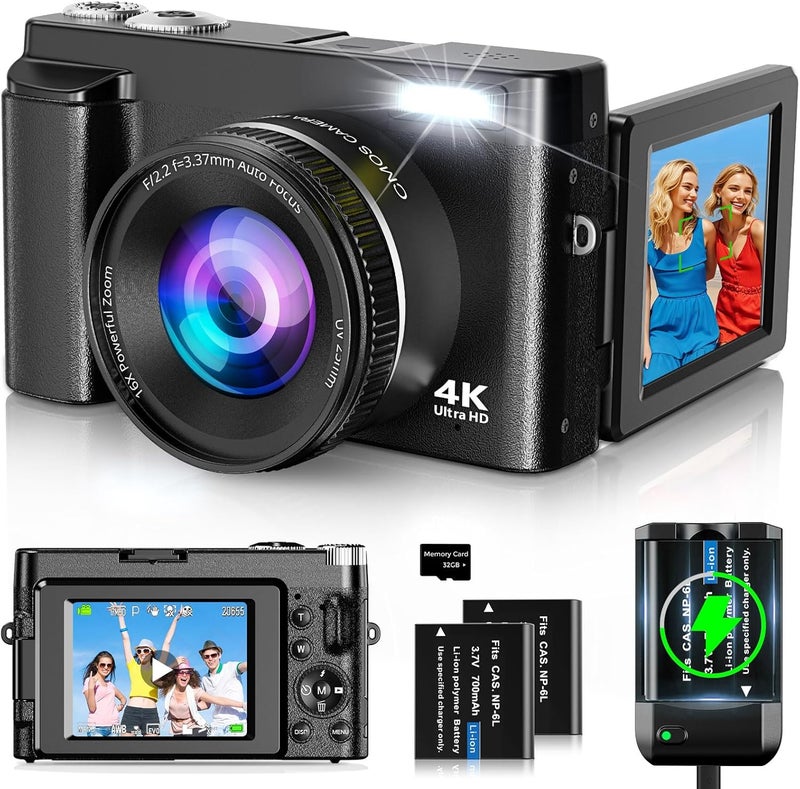Oiadek كاميرا رقمية 4K للتصوير والفيديو، كاميرا فلوغينغ بدقة 48 ميجابكسل مع شاشة قابلة للطي 180° بحجم 3 بوصات وزوم 16X وكاميرات سفر مدمجة مع بطاقة SD، 2 بطاريات، مضادة للاهتزاز، فلاش (أسود) - Image 1